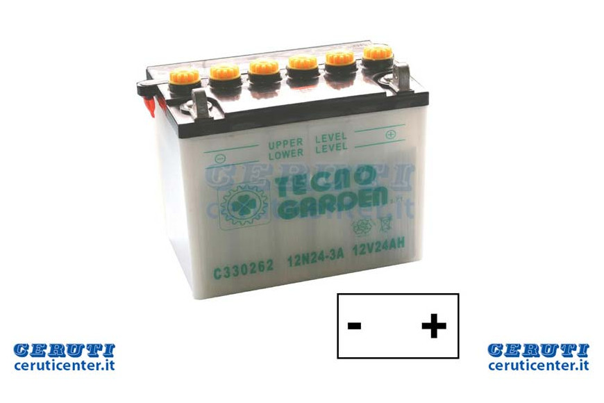 24 Ah, Polo Positivo a DX, L. mm 185, P. mm 125, H. mm 170. Batteria ad acido