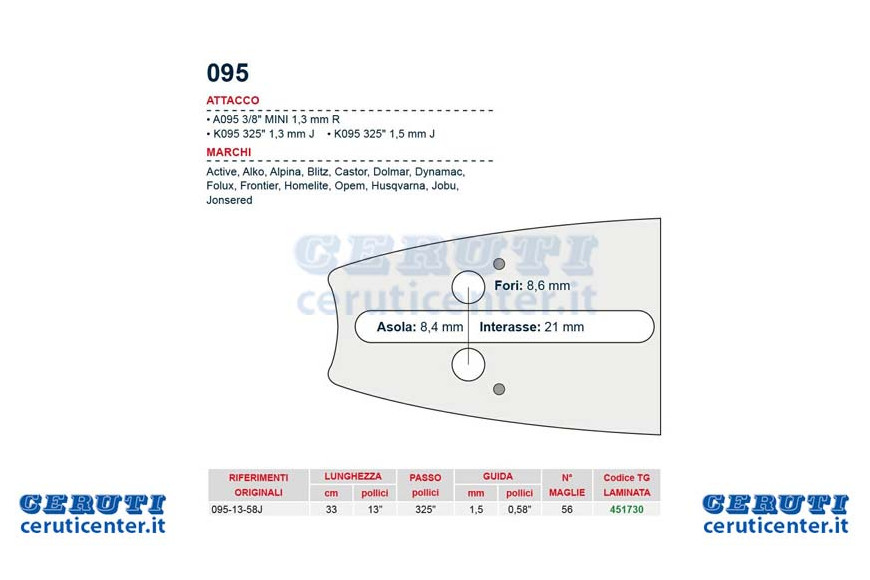 bar motosierra 33 Cm - 13 "pitch 0,325", 1,5 mm Espesor - 0,058 "Attack 095, 56 jerseys