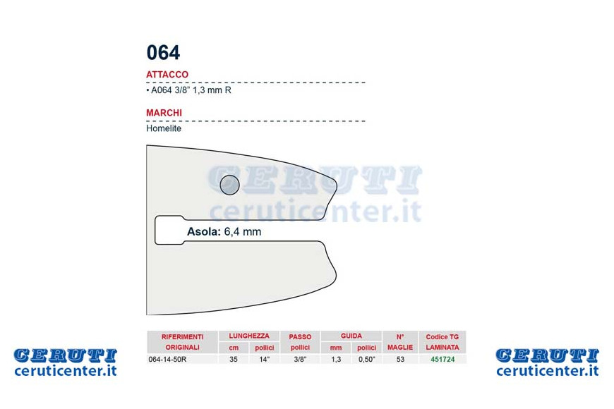 Kettensäge Stange 35 cm - 14 "Pitch 3/8", 1,3 mm Dicke - .050 „Attack 064, 52 Trikots
