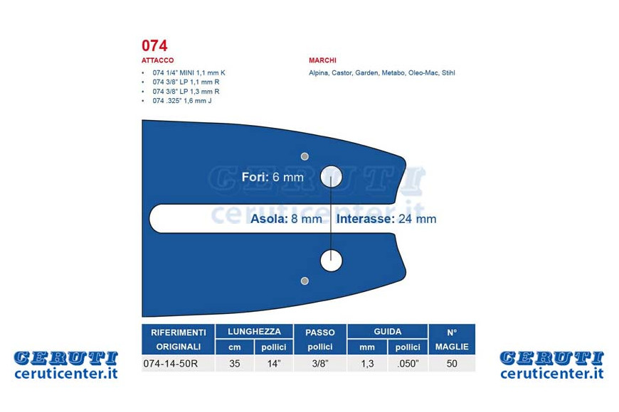 bar Chainsaw 35 cm - 14 "Pitch 3/8" d'épaisseur 1,3 mm - 0,050 « Attaque 074, 50 Maglie