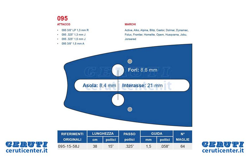 Kettensäge Stange 38 cm - 15 "pitch .325", 1,5 mm Dicke - .058 „Attack 095, 64 Trikots