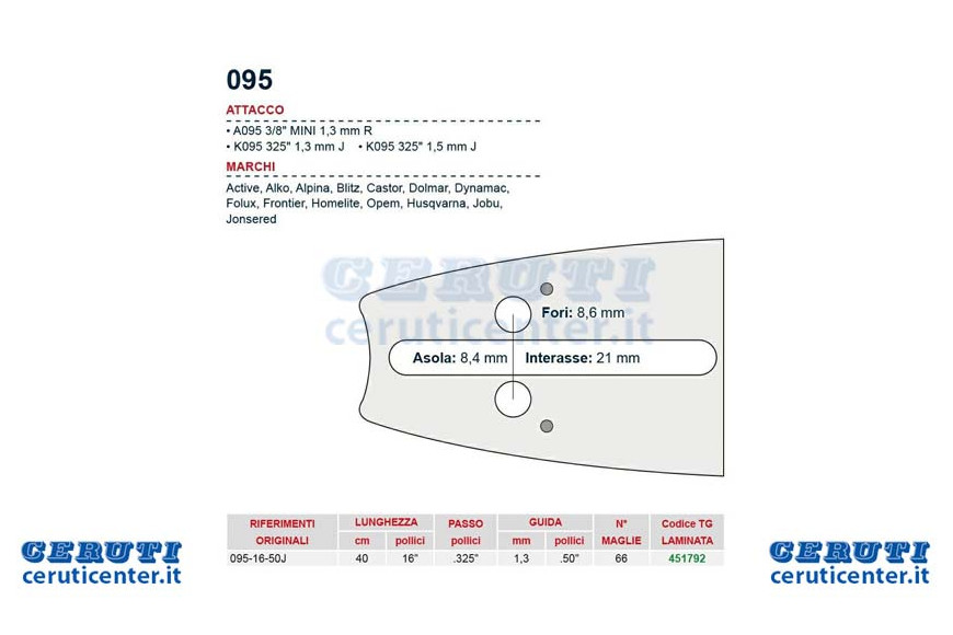 Chainsaw 40 Cm Bar - 16 "pitch .325", 1.3 Mm Thickness - .058 "Attack 095, 66 Jerseys