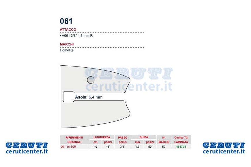 bar Chainsaw 40 cm - 16 "Pitch 3/8", 1,3 mm d'épaisseur - 0,050 « Attaque 061, 59 Maillots