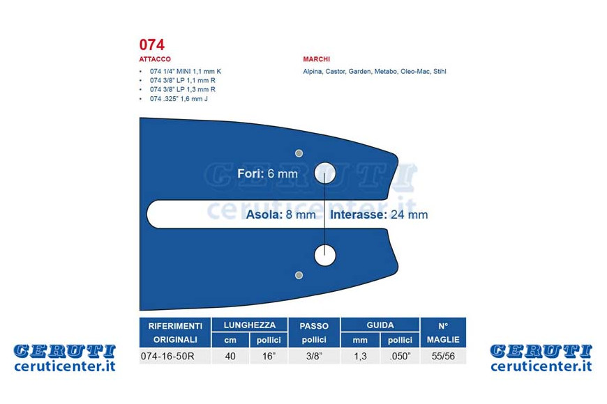 Motosierra 40 Cm Bar - 16 "Pitch 3/8" de espesor 1,3 mm - 0.050 "Ataque 074, 55/56 Maglie