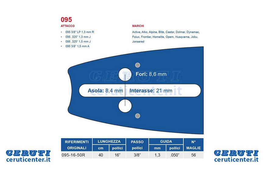 Chainsaw 40 Cm Bar - 16 "Pitch 3/8", 1.3 Mm Thickness - .050 "Attack 095, 56 Jerseys