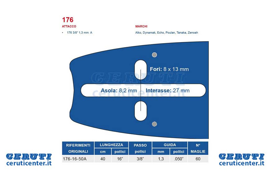 Kettensäge bar 40 cm - 16 "Pitch 3/8" Dicke 1,3 mm - 0,050 „Attack 176, 60 Maglie