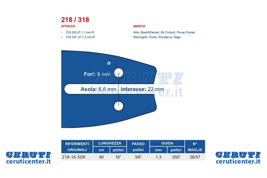 bar Chainsaw 40 cm - 16 "Pitch 3/8" d'épaisseur 1,3 mm - 0,050 « Attaque 318, 56/57 Maglie