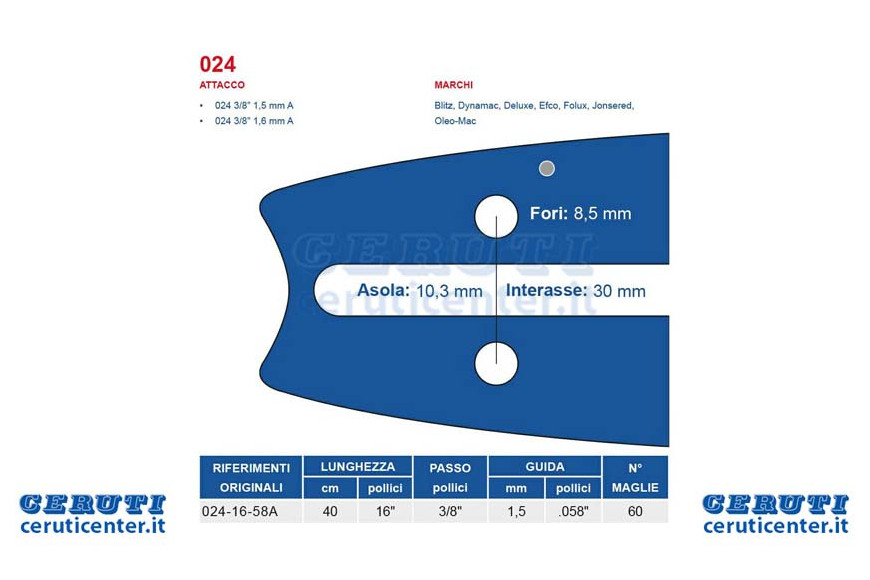 Chainsaw 40 cm Bar - 16 "Pitch 3/8" d'épaisseur 1,5 mm - 0,058 « Attaque 024, 60 Maglie