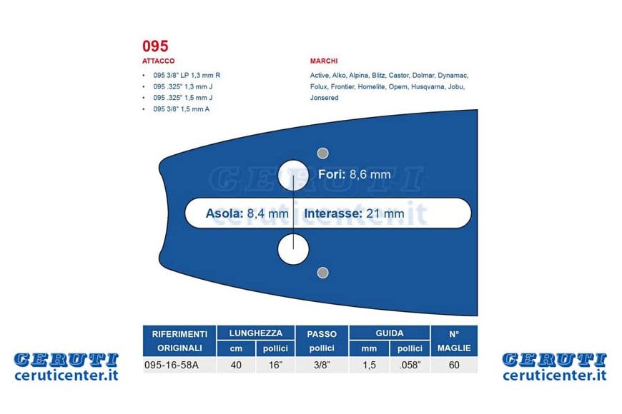 Kettensäge bar 40 cm - 16 "Pitch 3/8" Dicke 1,5 mm - 0,058 „Attack 095, 60 Maglie