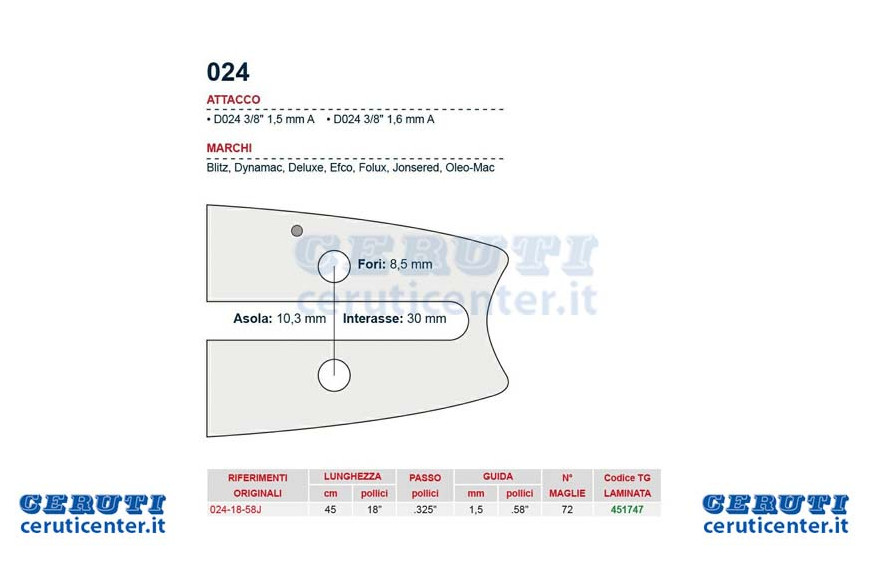 Motosierra 45 Cm Bar - 18 "de paso .325", 1,5 mm de espesor - 0.058 "Ataque 024, 72 jerseys