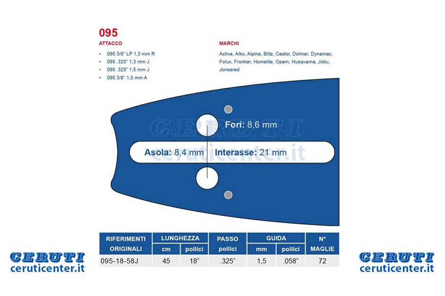 Kettensäge bar 45 cm - 18 "pitch .325", 1,5 mm Dicke - .058 „Attack 095, 72 Trikots