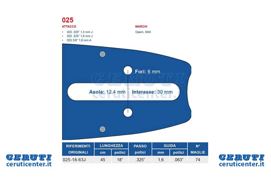 Motosierra 45 Cm Bar - 18 "de paso .325" de espesor 1,6 mm - 0.063 "Ataque 025, 74 Maglie