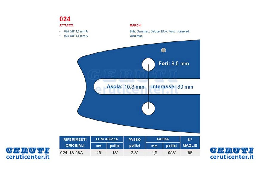 Chainsaw bar 45 cm - 18 "Pitch 3/8" Thickness 1.5 Mm - .058 "Attack 024, 68 Maglie