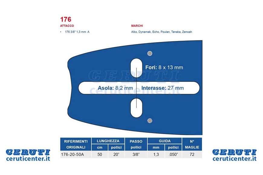 bar Chainsaw 50 cm - 20 "Pitch 3/8", 1,3 mm d'épaisseur - 0,050 « Attaque 176, 72 Maillots