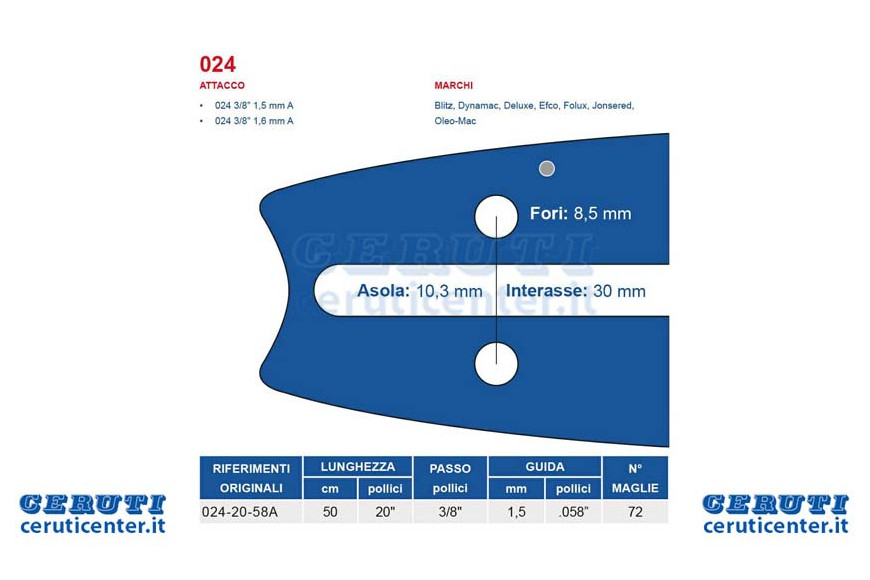 Kettensäge bar 50 cm - 20 "Pitch 3/8", 1,5 mm Dicke - .058 „Attack 024, 72 Trikots