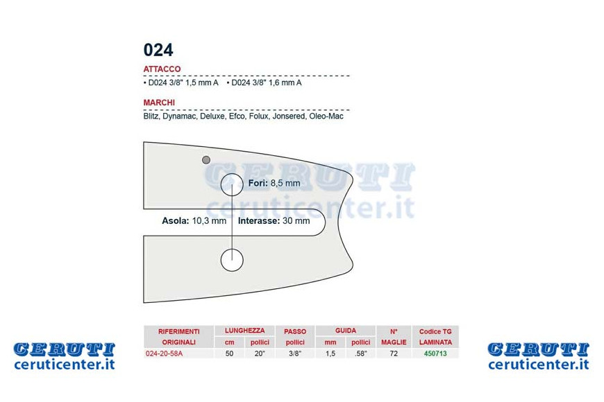 Chainsaw bar 50 Cm - 20 "Pitch 3/8", 1.5 Mm Thickness - .058 "Attack 024, 72 Jerseys