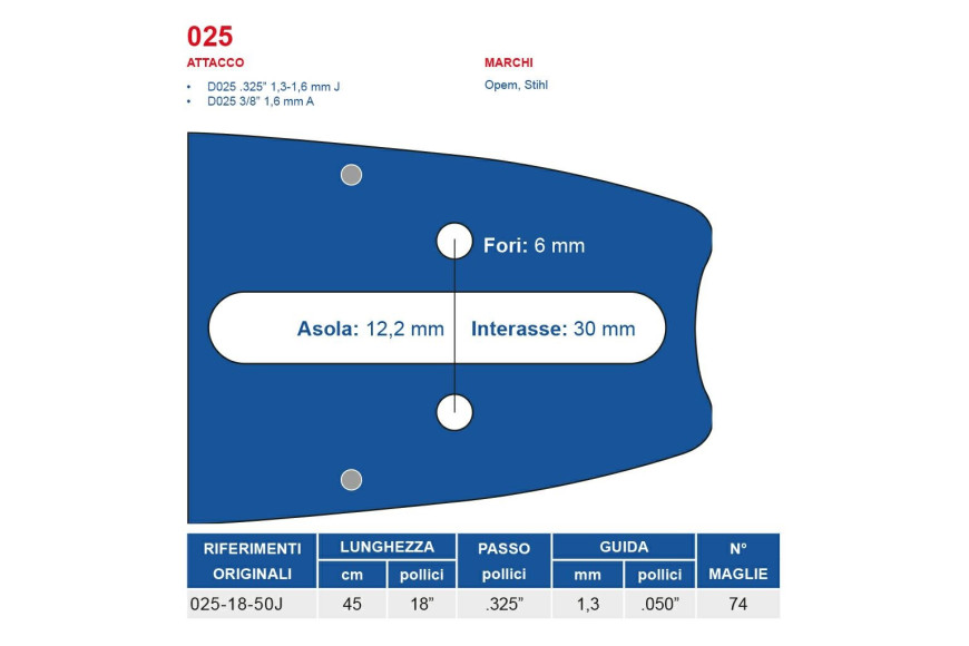 Chainsaw 45 Cm Bar - 18 "pitch .325", 1.3 Mm Thickness - .050 "Attack 025, 74 Jerseys