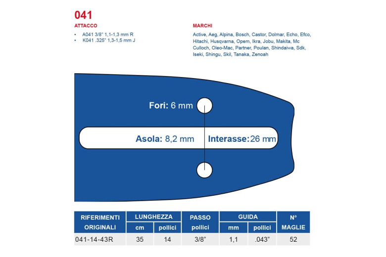 Bar Chainsaw 35 cm - 14 "Pitch 3/8" d'épaisseur 1,1 mm - 0,043 « Attaque 041, 52 Maglie