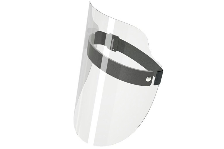 En plexiglás visera conveniente incluso dispositivos como protección contra Covid-19. Specif. Área de descarga / Sez.Certif. E T