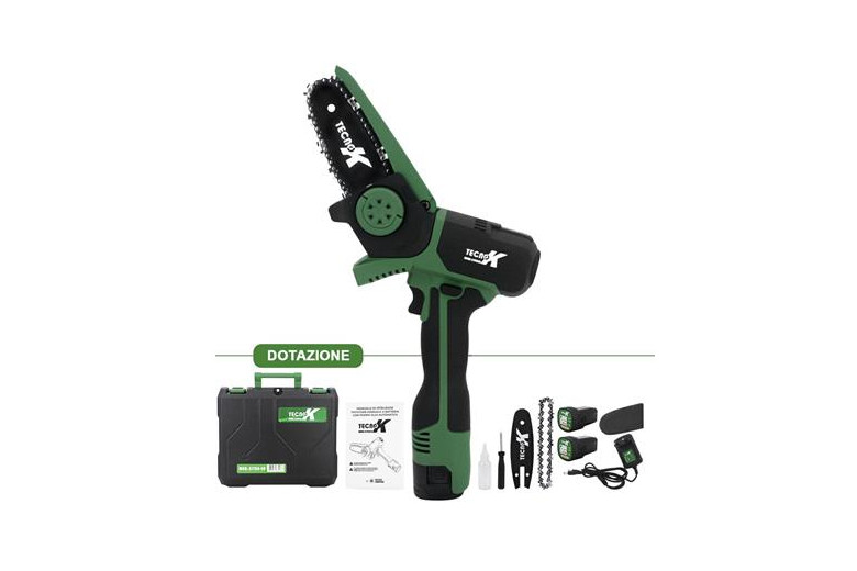 Potatore TecnoK con pompa dell'olio automatica, al litio da 14.4 V - 1.5 Ah, diametro di taglio 100 mm