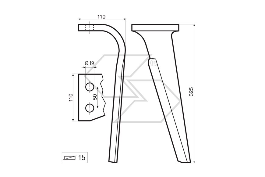 Dente per erpice Sx - 325x110x15 - adattabile a: Maletti Kverneland: PH18 E040146