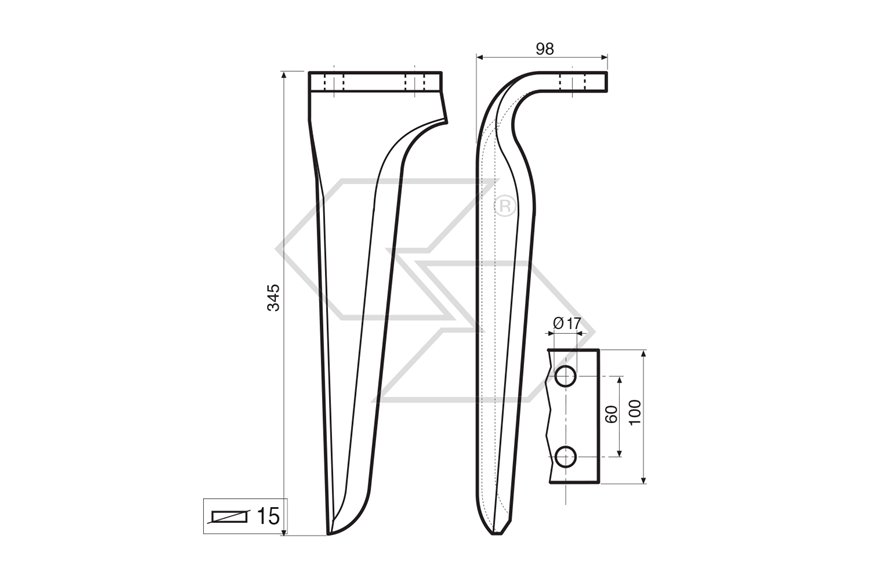 Dente per erpice pesante Dx - 345x98x15 - adattabile a: Maschio: Dominator DM