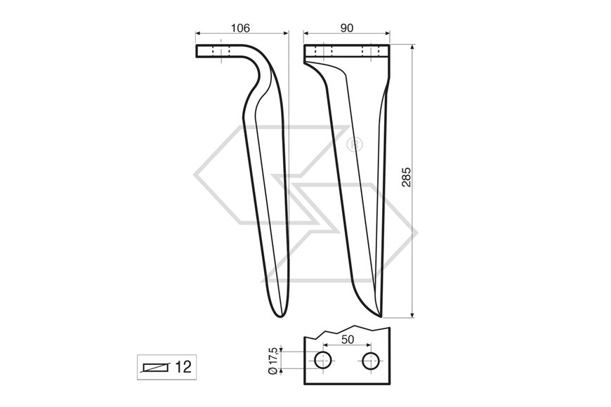 Dente per erpice Sx - 285x106x12 - adattabile a: Maschio: Diamante DC-DS-DL