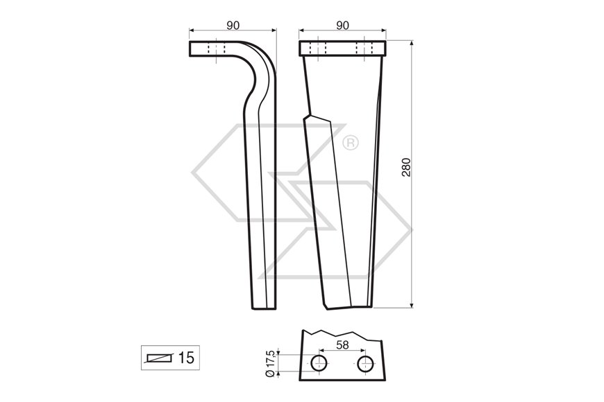 Dente per erpice Sx - 280x90x15 - adattabile a: Carraro: Agritalia 155217