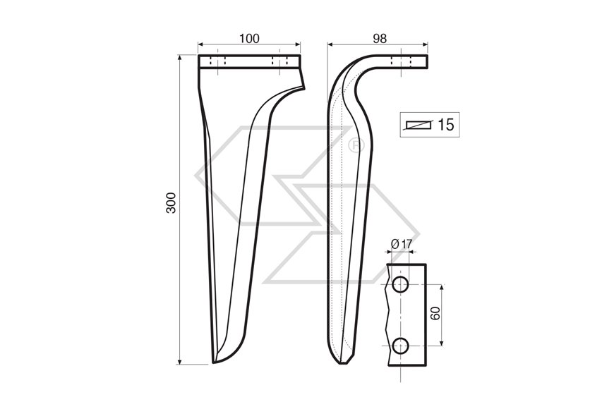 Dente per erpice Sx - 300x100x15 - adattabile a: Maschio: Dominator DM