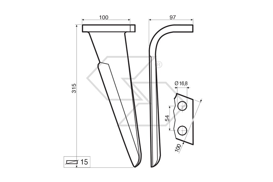 Dente per erpice Sx - 315x100x15 - adattabile a: Perugini: ESK Lg. 310