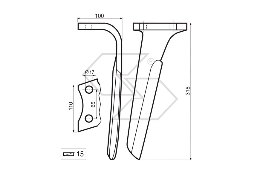 Dente per erpice Dx - 315x100x15 - adattabile a: Perugini: RK 390414
