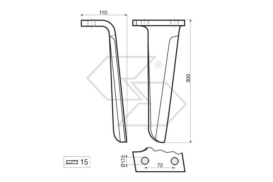 Dente per erpice Dx - 300x110x15 - adattabile a: Celli: KR 622603.5