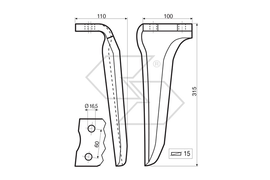 Dente per erpice Dx - 315x110x15 - adattabile a: Howard: R 185506
