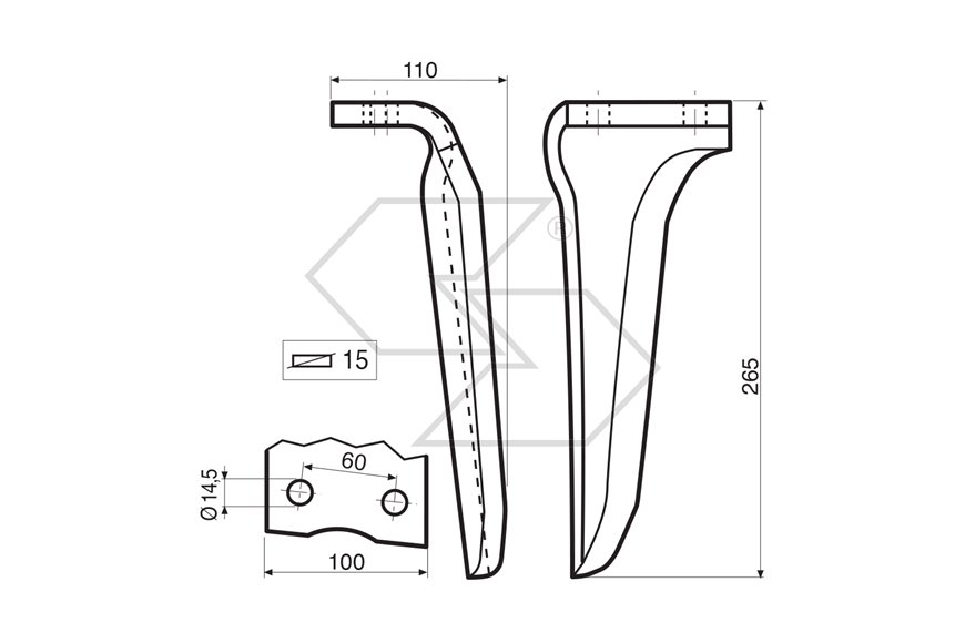Dente per erpice Sx - 265x110x15 - adattabile a: Howard: R 182937