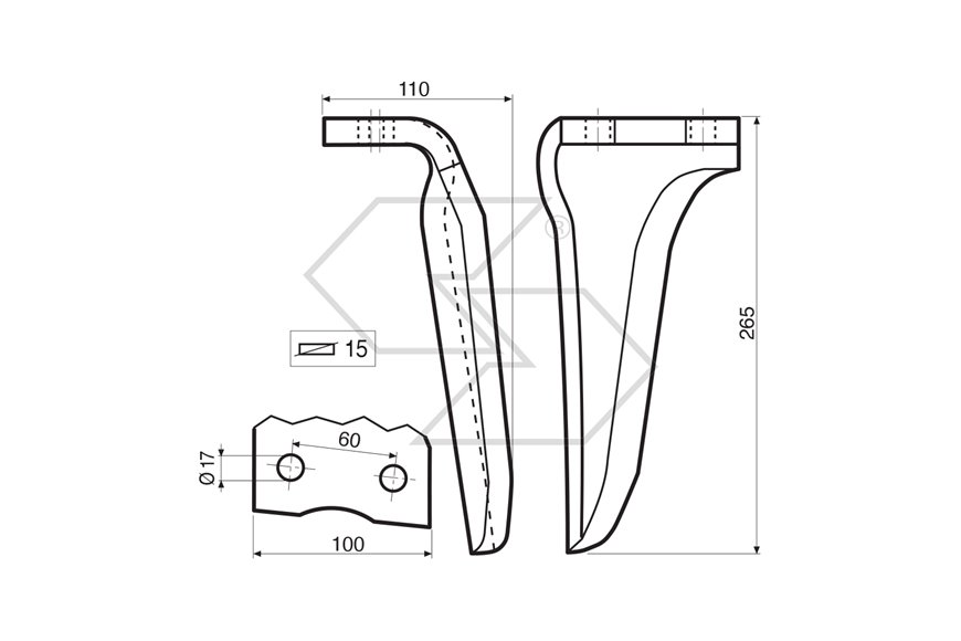 Dente per erpice Sx - 265x110x15 - adattabile a: Howard: R 185515