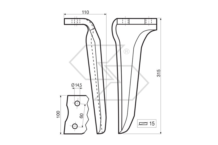 Dente per erpice Sx - 315x110x15 - adattabile a: Howard: R 182939