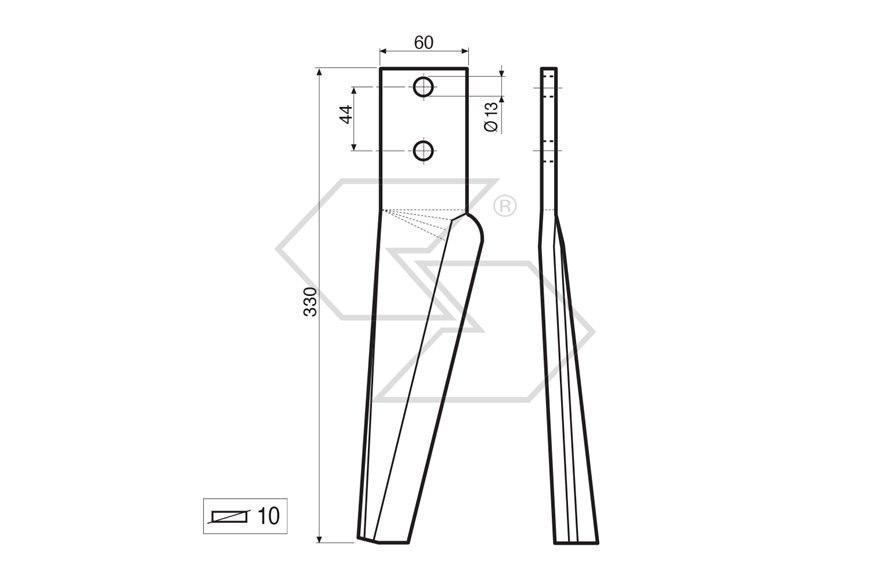 Dente per erpice Dx - 330x60x10 - adattabile a: Maschio: HB-HM