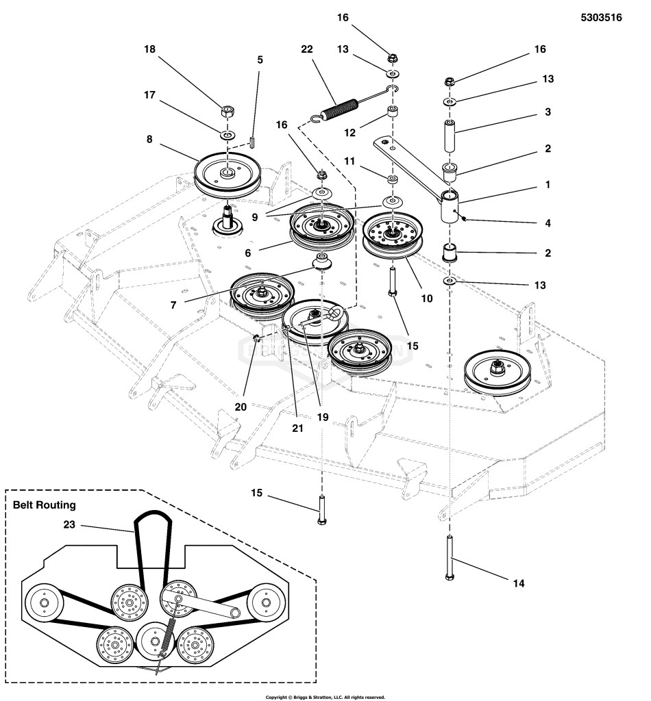 61 Mower Deck Group - Pulleys, Belt, & Idler Arm (5303516)