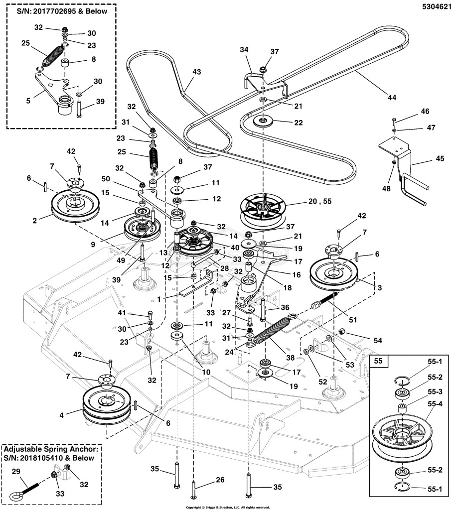 72 Mower Deck Group - Pulleys, Belts, and Idler Arms (2 Belt System) S/N: 4002179791 and Below