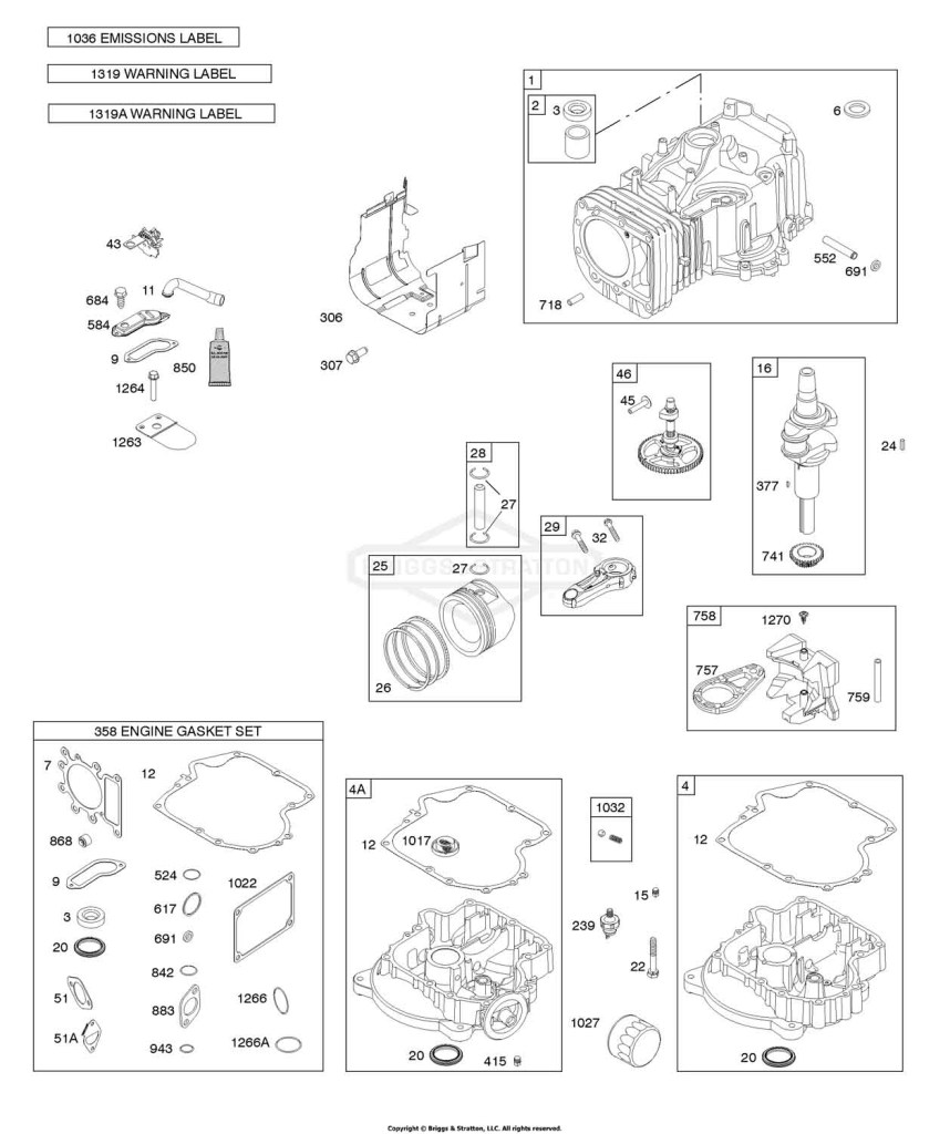 Camshaft, Crankshaft, Cylinder, Engine Sump, Gasket Set - Engine, Operator's Manual, Piston, Rings, Connecting Rod, Warning Label
