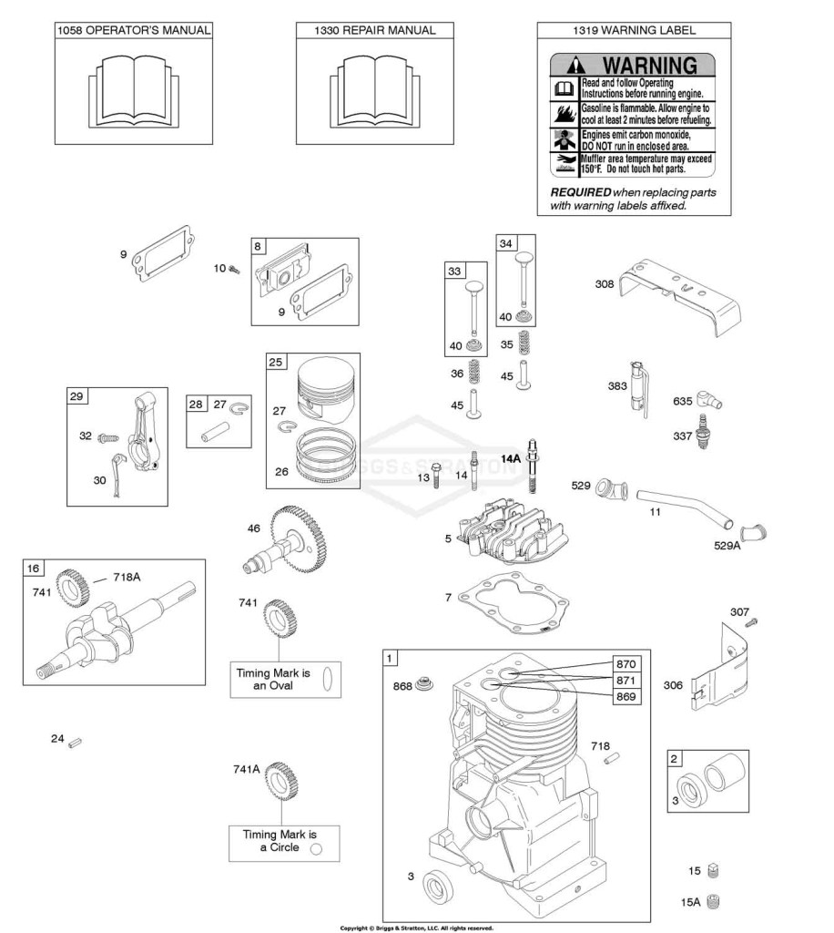 Camshaft, Crankshaft, Cylinder, Cylinder Head, Operator's Manual, Piston/Rings/Connecting Rod, Warning Label
