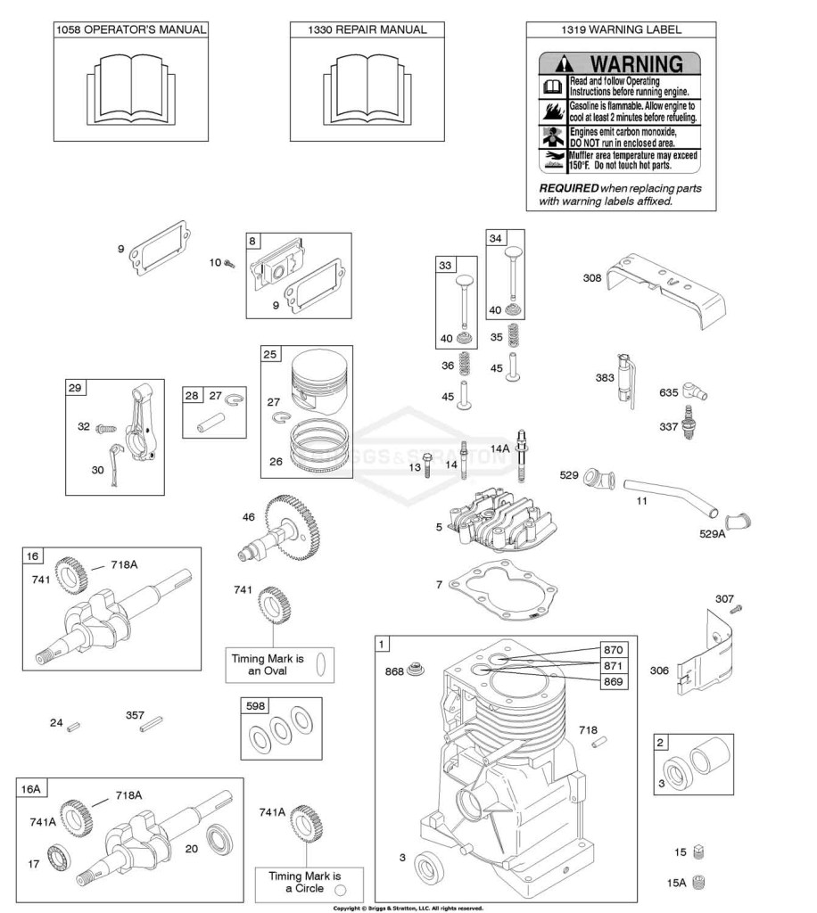 Camshaft, Crankshaft, Cylinder, Cylinder Head, Operator's Manual, Piston/Rings/Connecting Rod, Warning Label