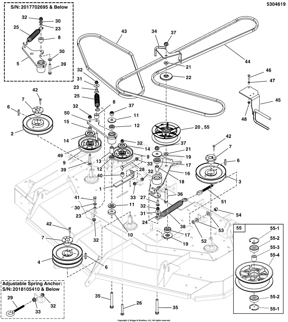 61 Mower Deck Group - Pulleys, Belts & Idler Arms (2 Belt System)