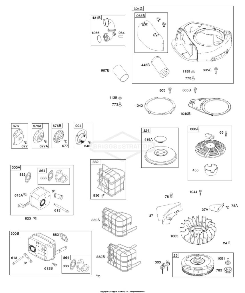 AIR CLEANER, BLOWER HOUSING, TRIM RNG, EXHAUST SYSTEM, FLYWHEEL