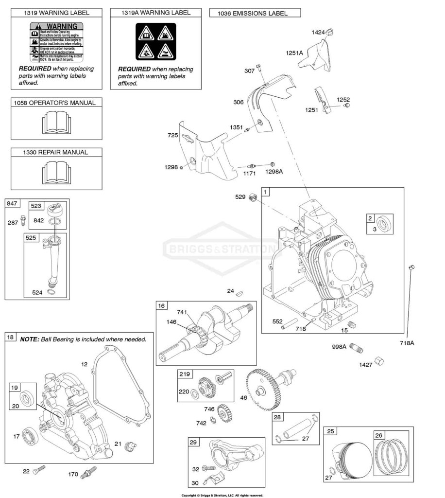 Camshaft, Crankcase Cover, Crankshaft, Cylinder, Lubrication, Operator's Manual, Piston/Rings/Connecting Rod, Warning Label