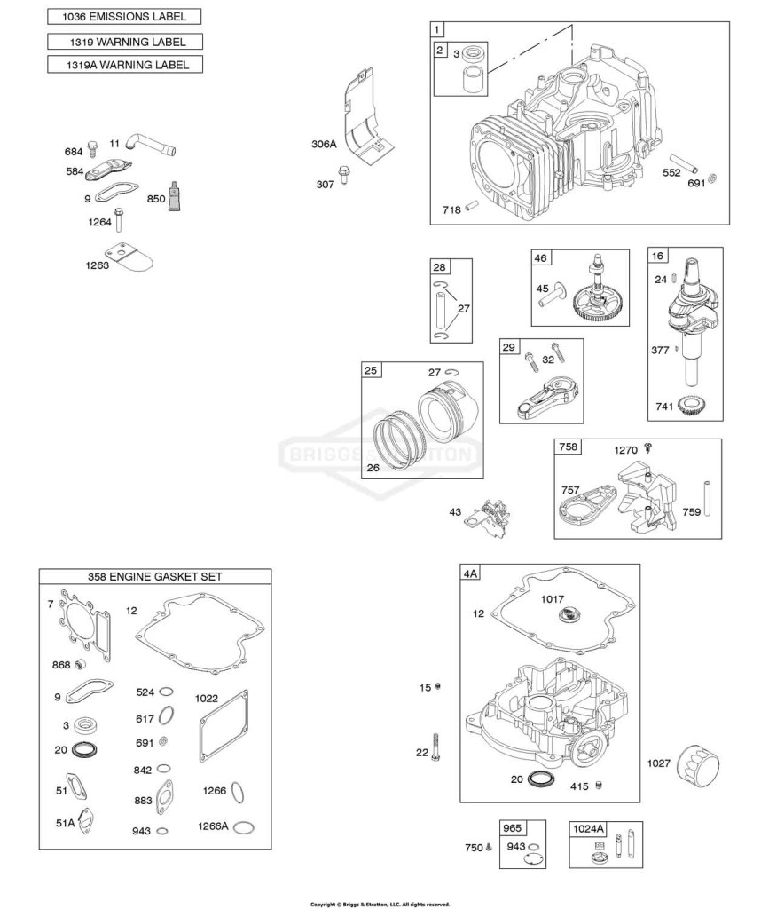 CAMSHAFT, CRANKSHAFT, CYLINDER, ENGINE SUMP, GASKET SET-ENGINE, LUBRICATION, PISTON, RINGS, AND CONNECTING ROD, WARNING LABEL