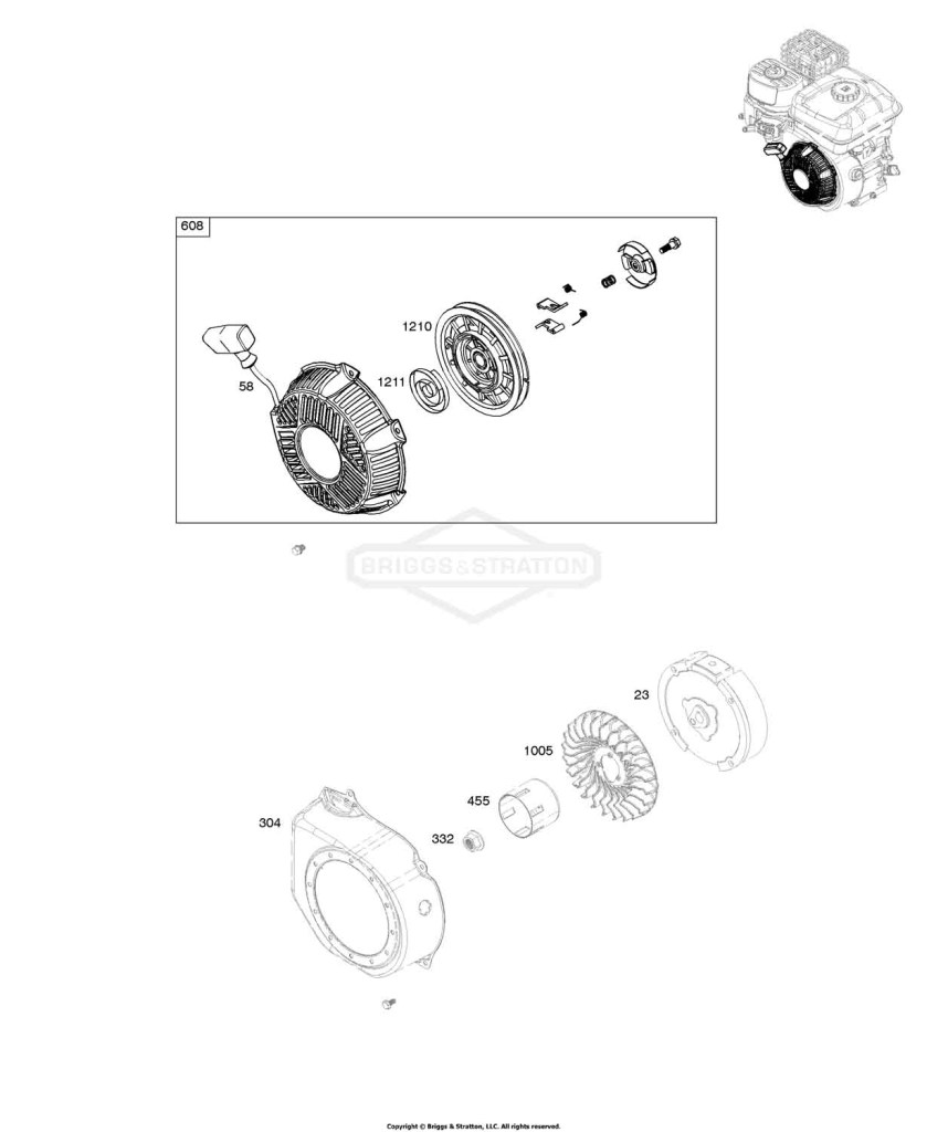 Blower Housing, Flywheel, Rewind Starter