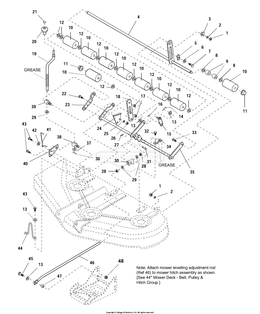 44 Mower Deck - Height Adjustment & Roller Bar Group