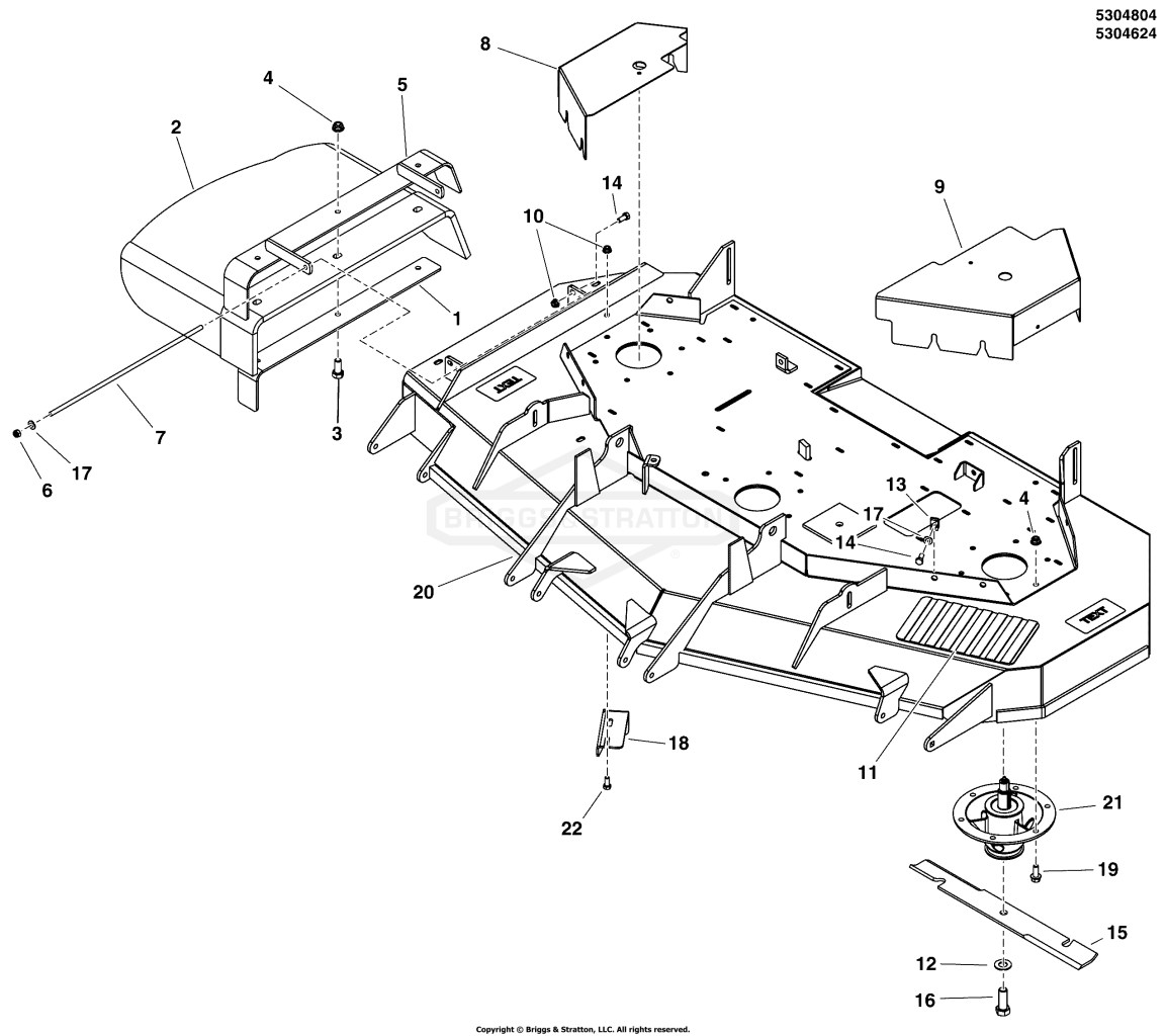 61 Mower Deck Group - Housing, Covers, Spindles & Blades (2 Belt System) S/N: 2017954955 & Below