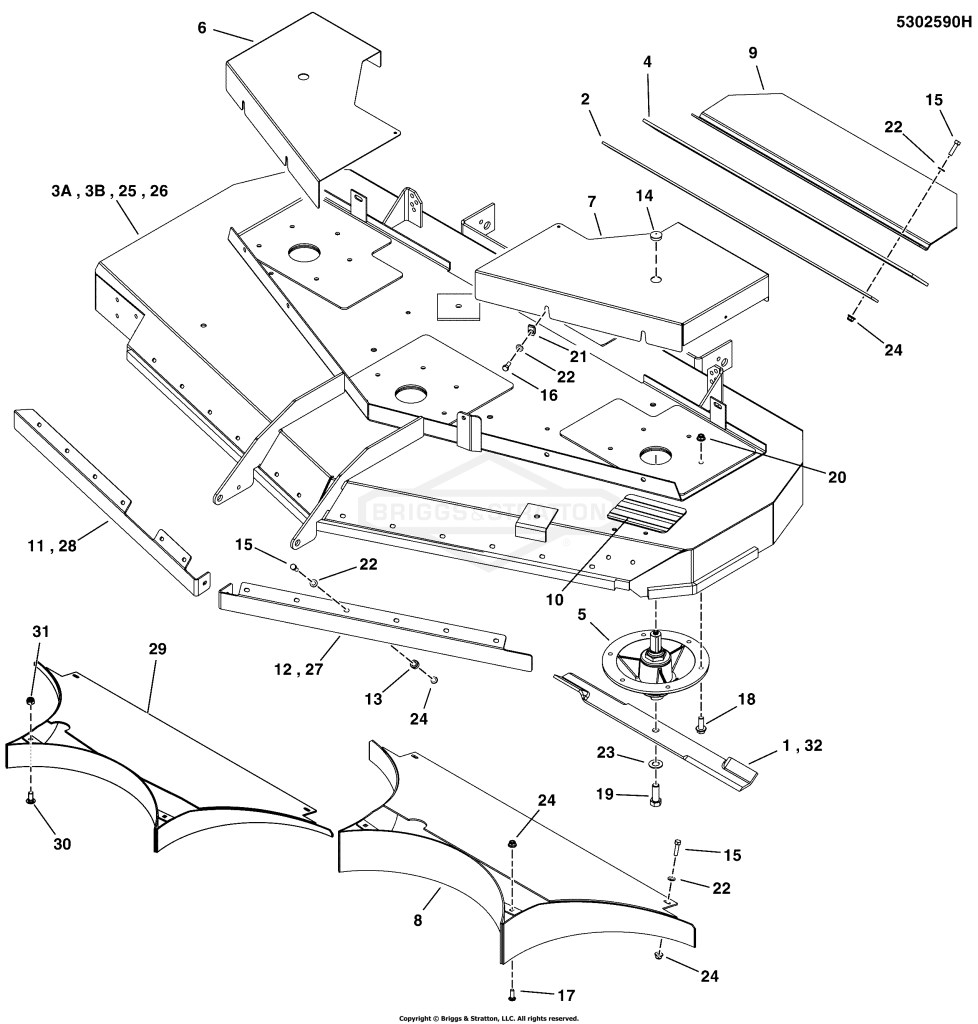 72 Mower Deck - Housing, Covers & Spindles - Rear Discharge
